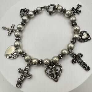 Vintage 925 sterling silver beaded crosses hearts charms bracelet 29g